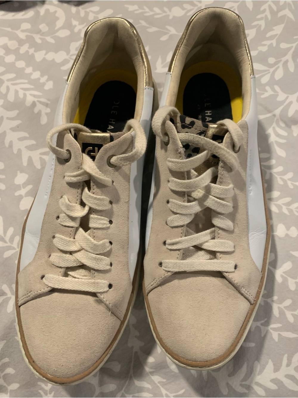 Cole Haan White Leather Platform Sneakers with Metallic Gold Heel